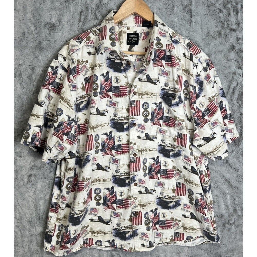 COTTON TRADERS SPORT Mens XL WWII US Navy America Short Sleeve Button Shirt